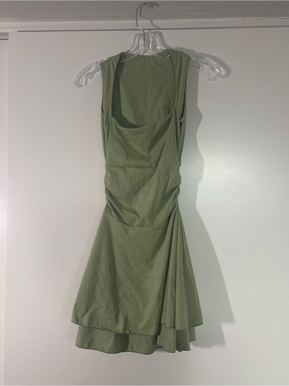 NWOT Sage Green Activewear Mini Dress w/square neck & ruching